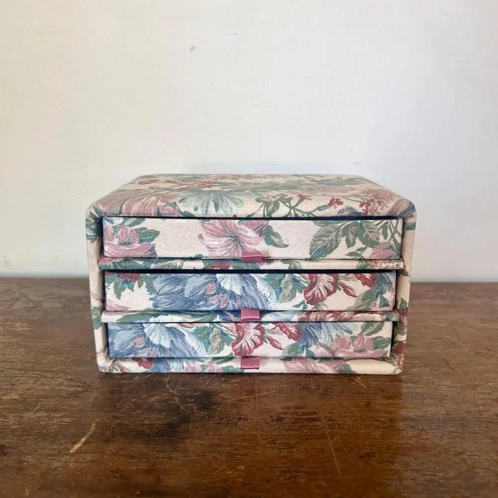 Vintage 90s Chintz Floral Jewelry Box with Drawers | Decorative Fabric Storage